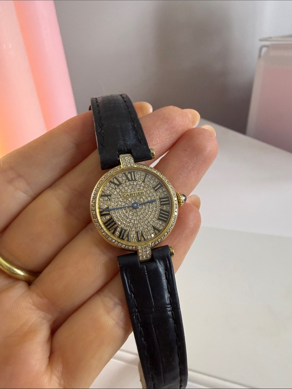 Cartier Gold Pavé Dial Women's Watch with Black Leather Strap